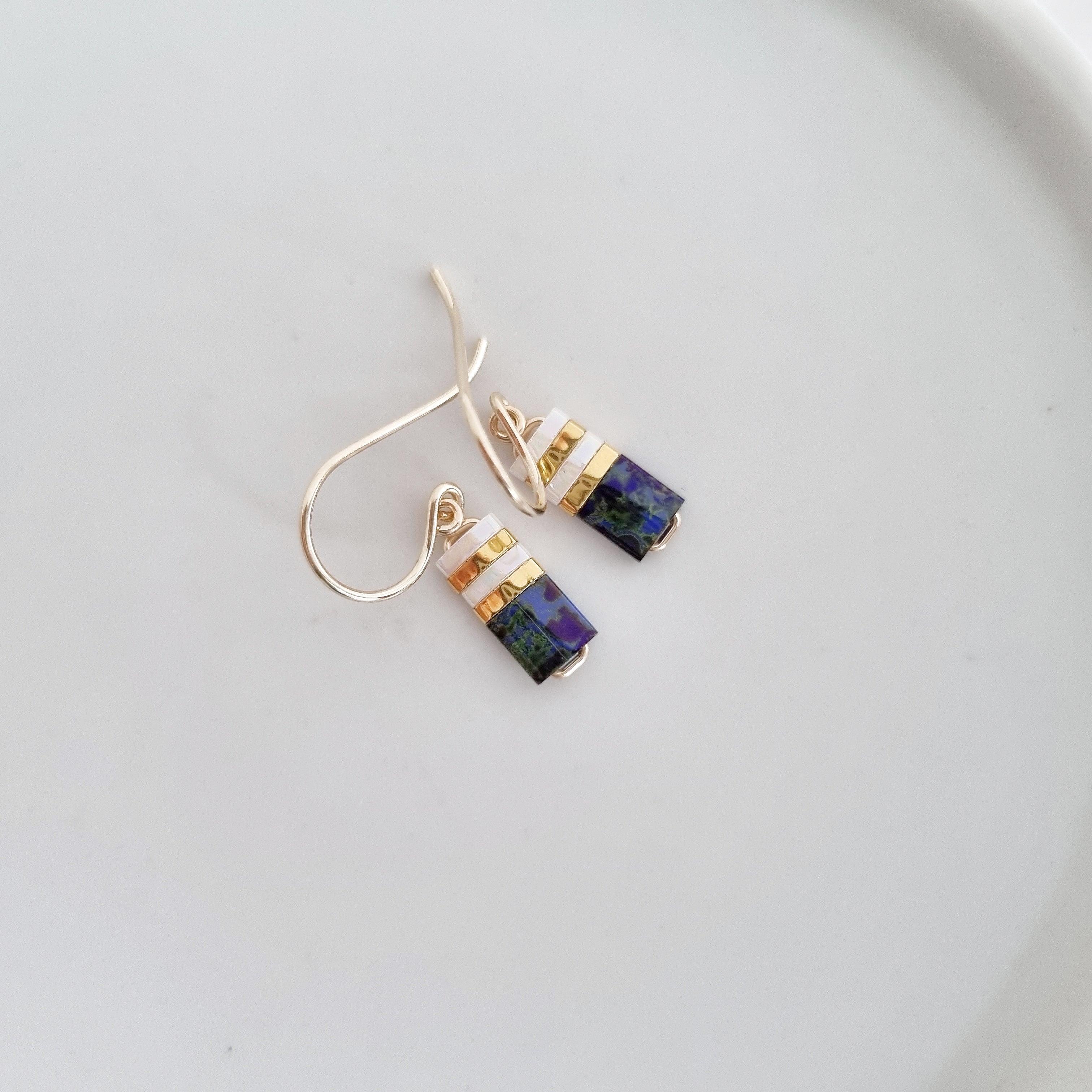 STAK Baby Earrings Picasso Blue White Japanese Beads 14k Gold filled