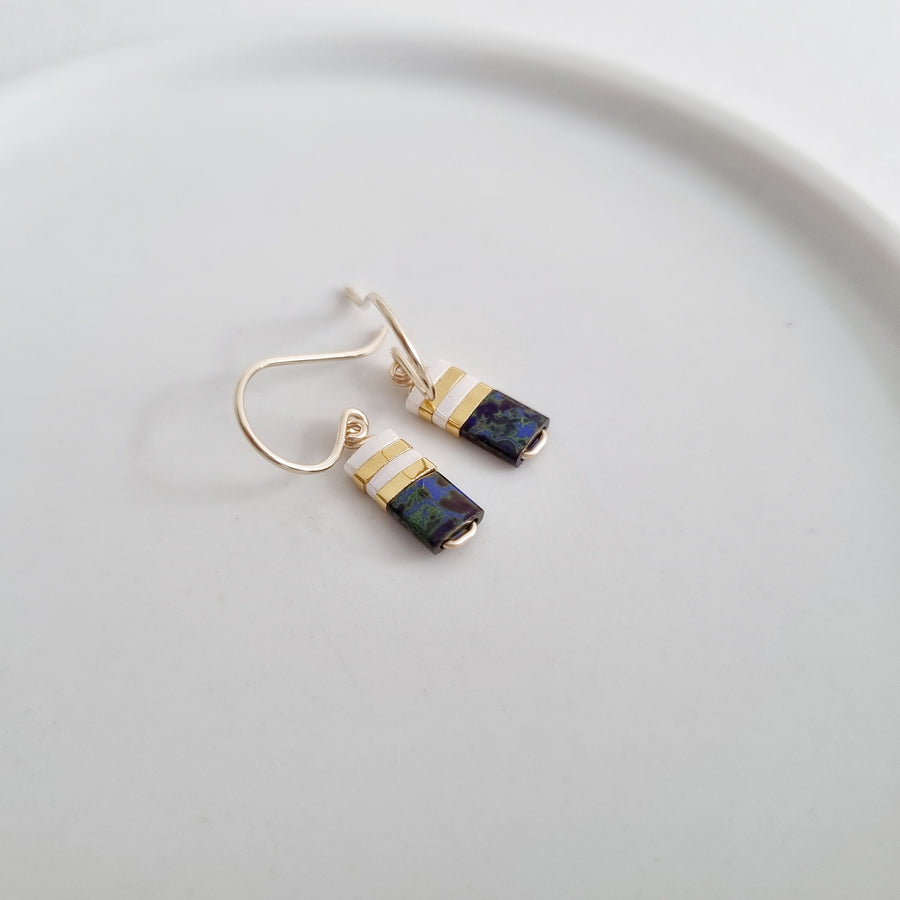 STAK Baby Earrings (Picasso Blue & White) / Japanese Beads | 14k Gold-filled
