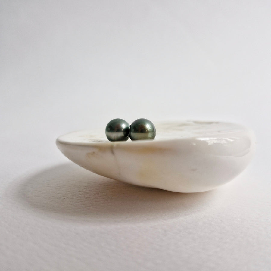 Tahitian Pearl Earstuds #25 (Dark Grey/Green Overtone) / 14k Gold-filled