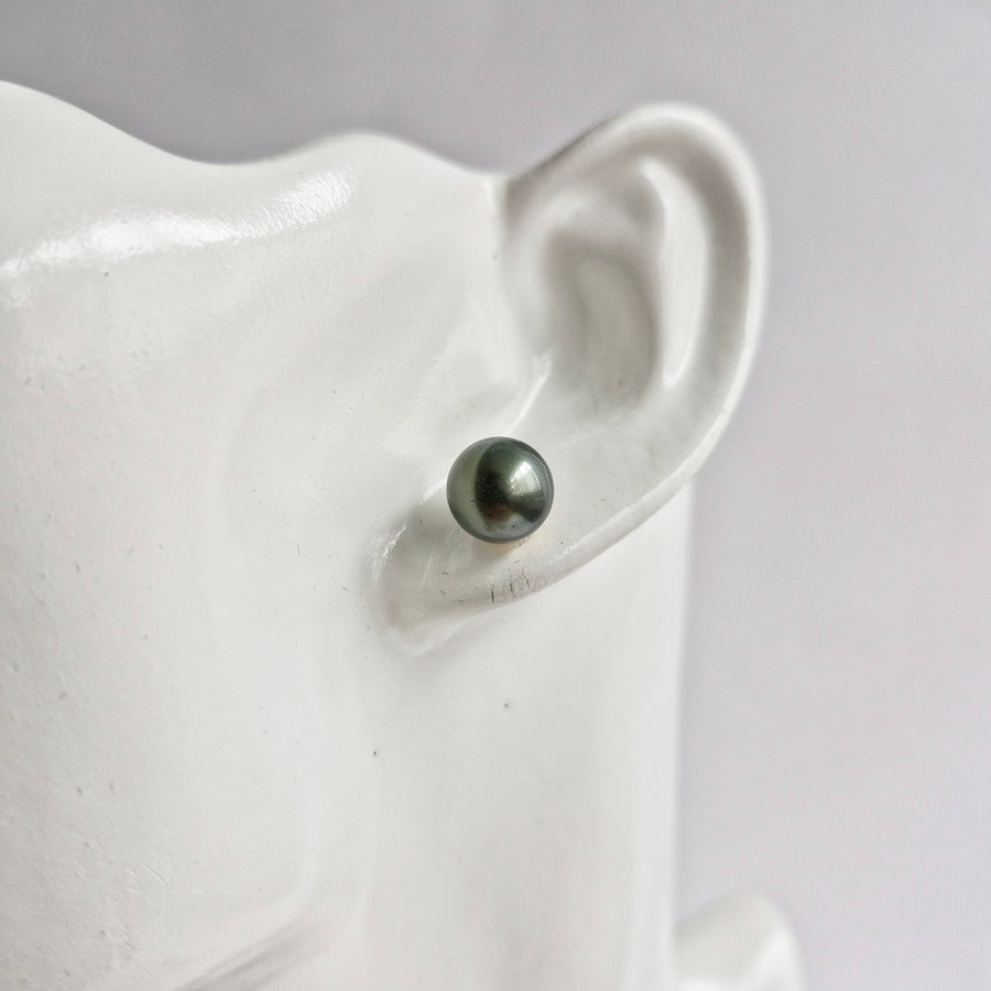Tahitian Pearl Earstuds #25 (Dark Grey/Green Overtone) / 14k Gold-filled