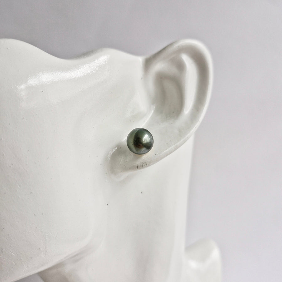 Tahitian Pearl Earstuds #25 (Dark Grey/Green Overtone) / 14k Gold-filled