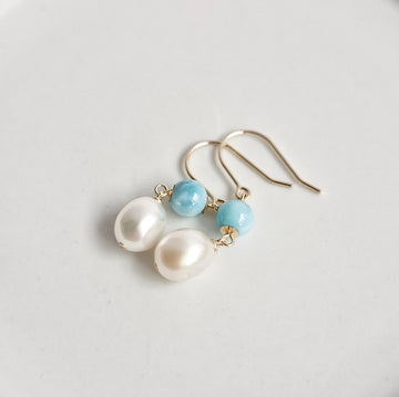 Freshwater Pearl, Larimar Earrings / 14k Gold-filled