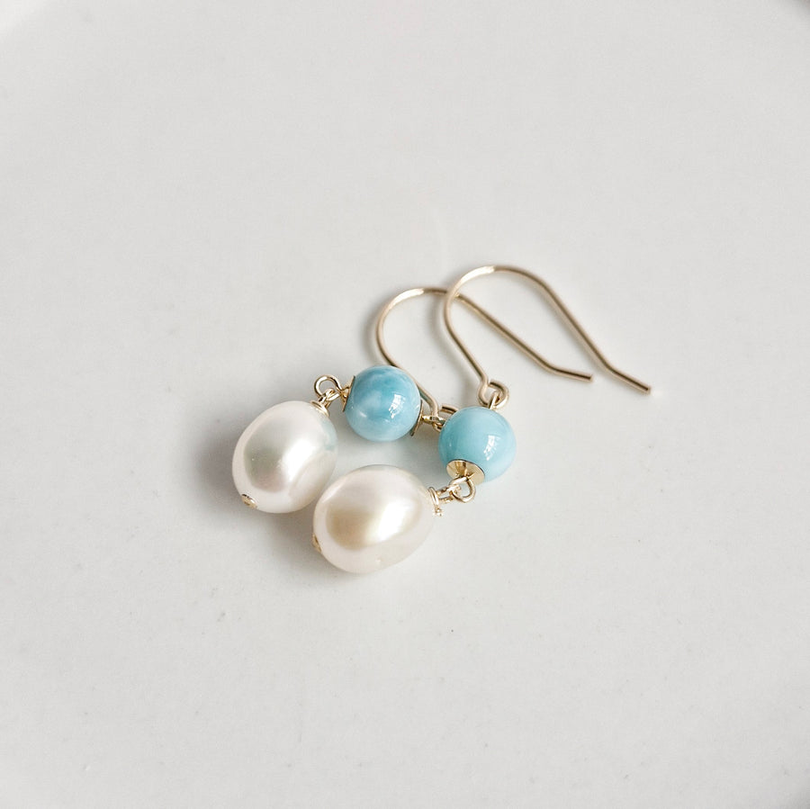 Freshwater Pearl, Larimar Earrings / 14k Gold-filled