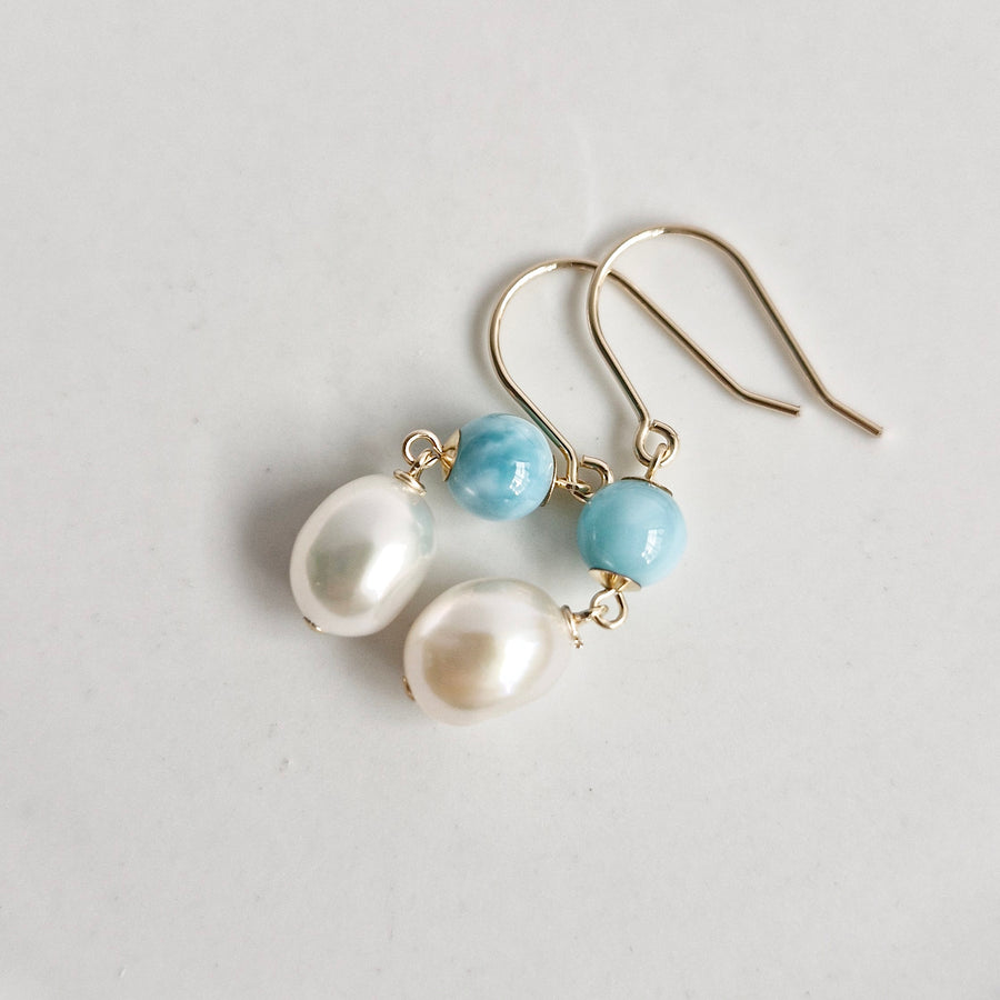 Freshwater Pearl, Larimar Earrings / 14k Gold-filled