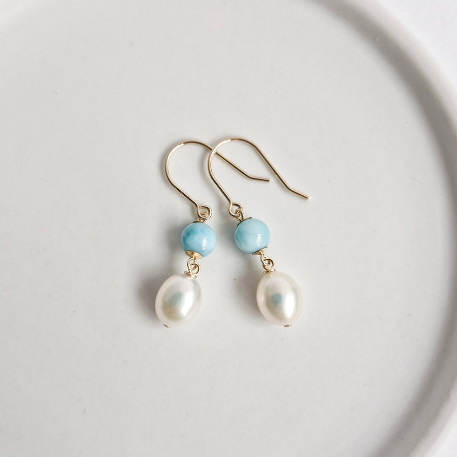Freshwater Pearl, Larimar Earrings / 14k Gold-filled