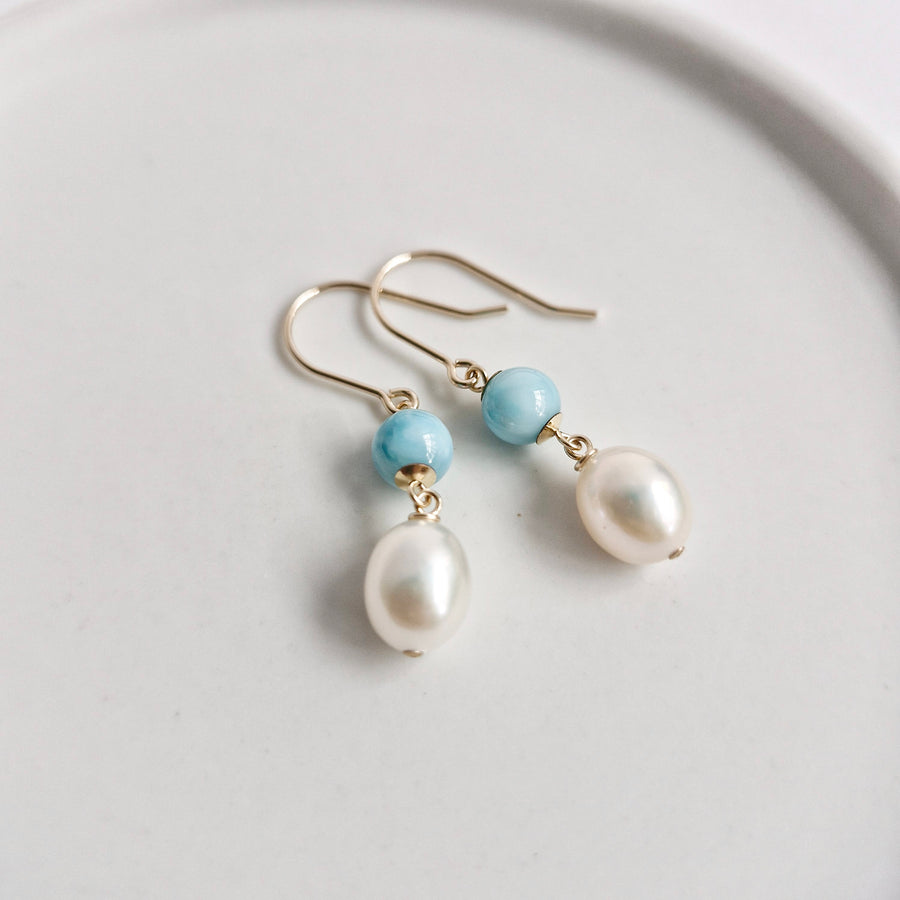 Freshwater Pearl, Larimar Earrings / 14k Gold-filled
