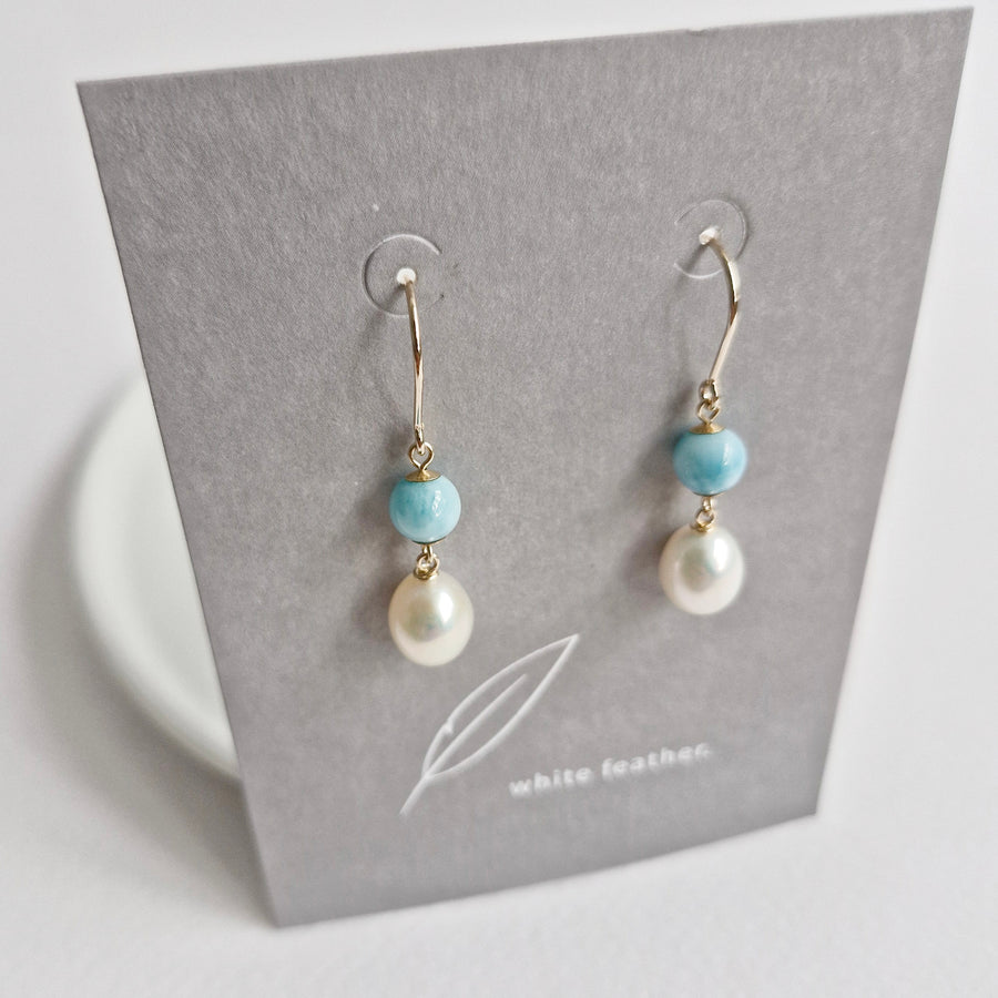 Freshwater Pearl, Larimar Earrings / 14k Gold-filled