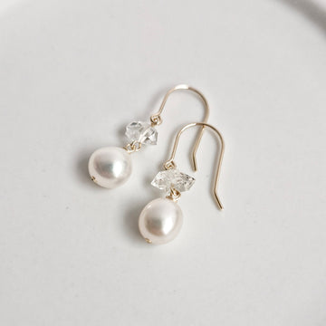 Freshwater Pearl, Herkimer Diamond Earrings / 14k Gold-filled
