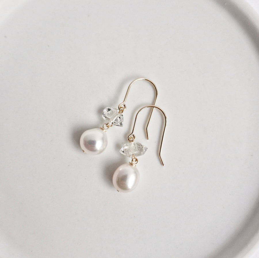 Freshwater Pearl, Herkimer Diamond Earrings / 14k Gold-filled
