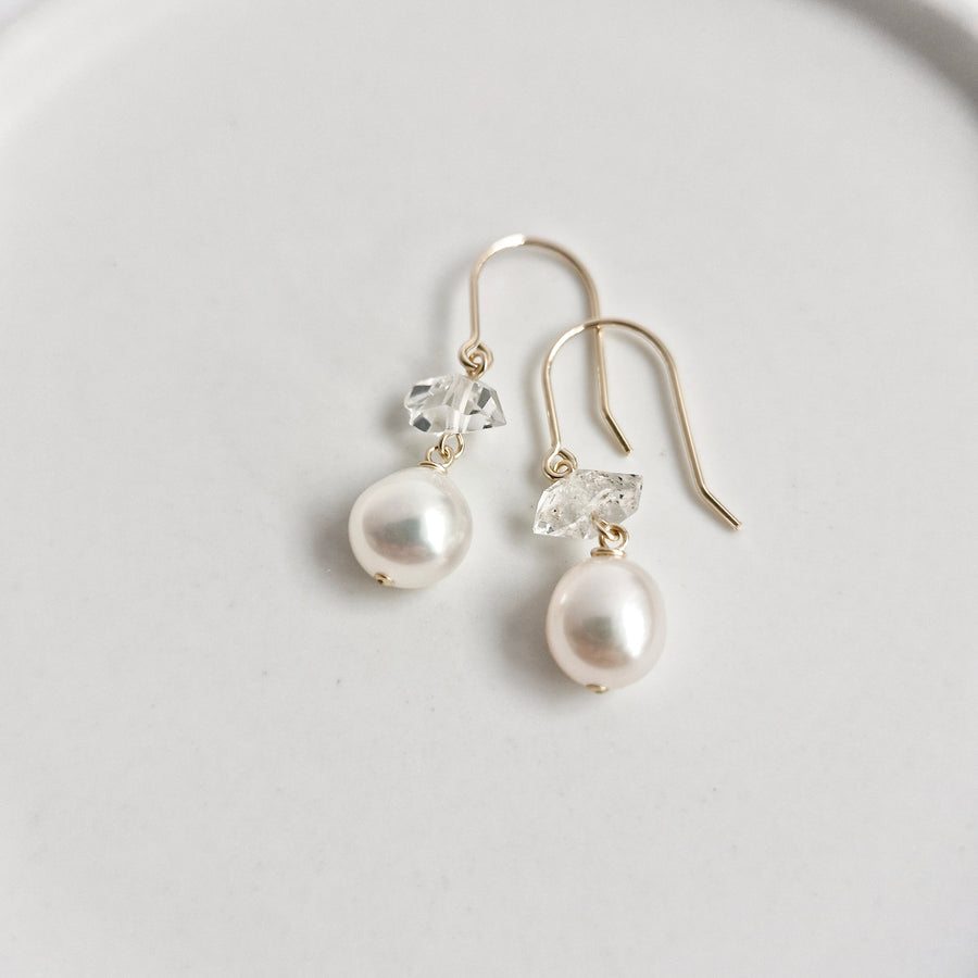 Freshwater Pearl, Herkimer Diamond Earrings / 14k Gold-filled
