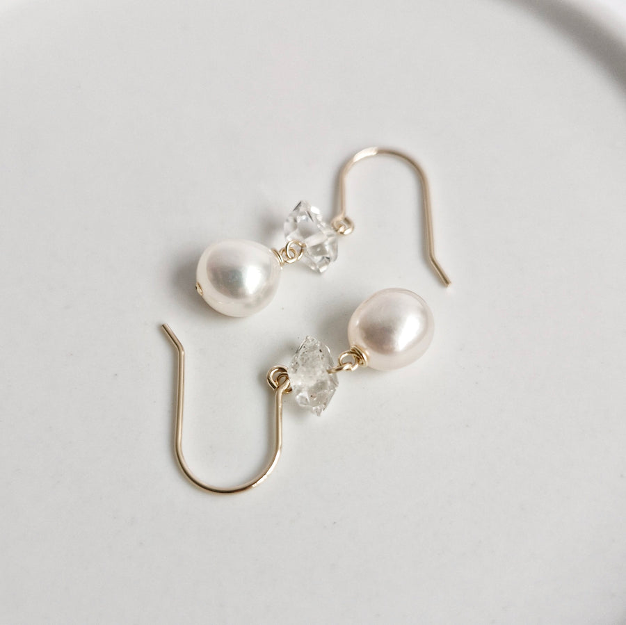 Freshwater Pearl, Herkimer Diamond Earrings / 14k Gold-filled