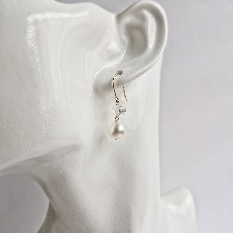 Freshwater Pearl, Herkimer Diamond Earrings / 14k Gold-filled