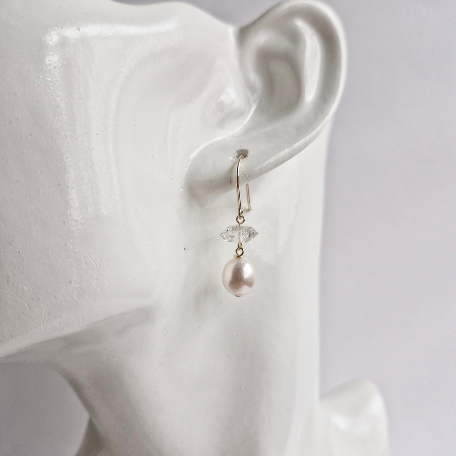 Freshwater Pearl, Herkimer Diamond Earrings / 14k Gold-filled