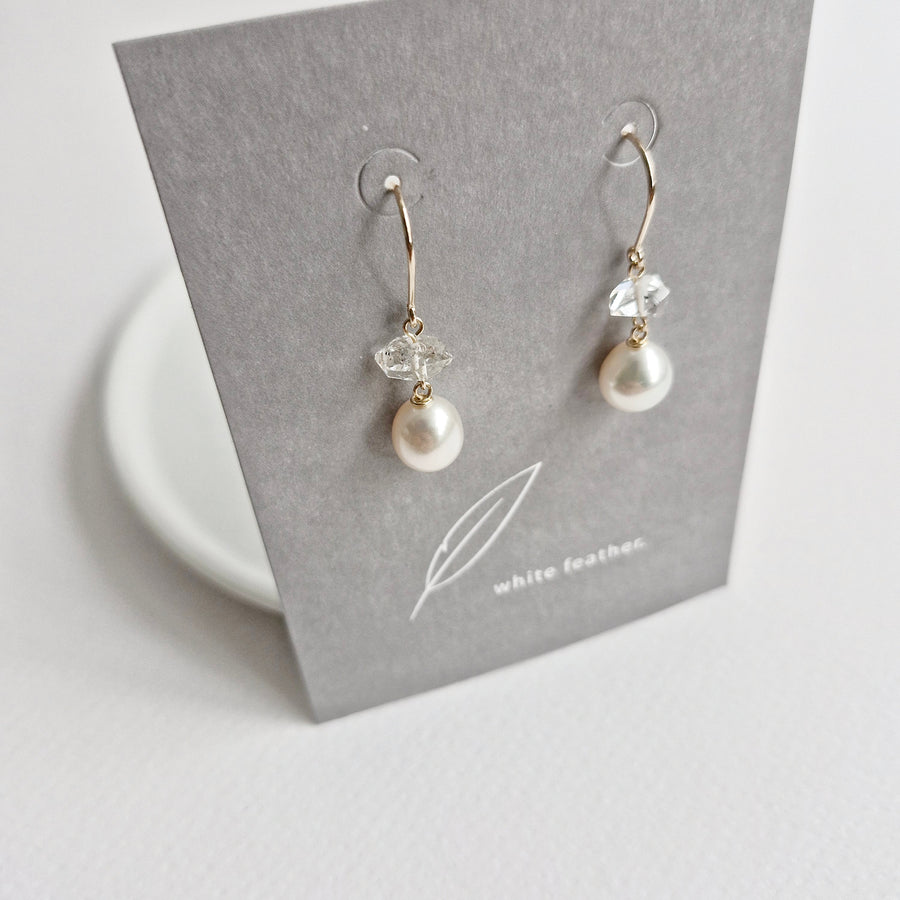 Freshwater Pearl, Herkimer Diamond Earrings / 14k Gold-filled