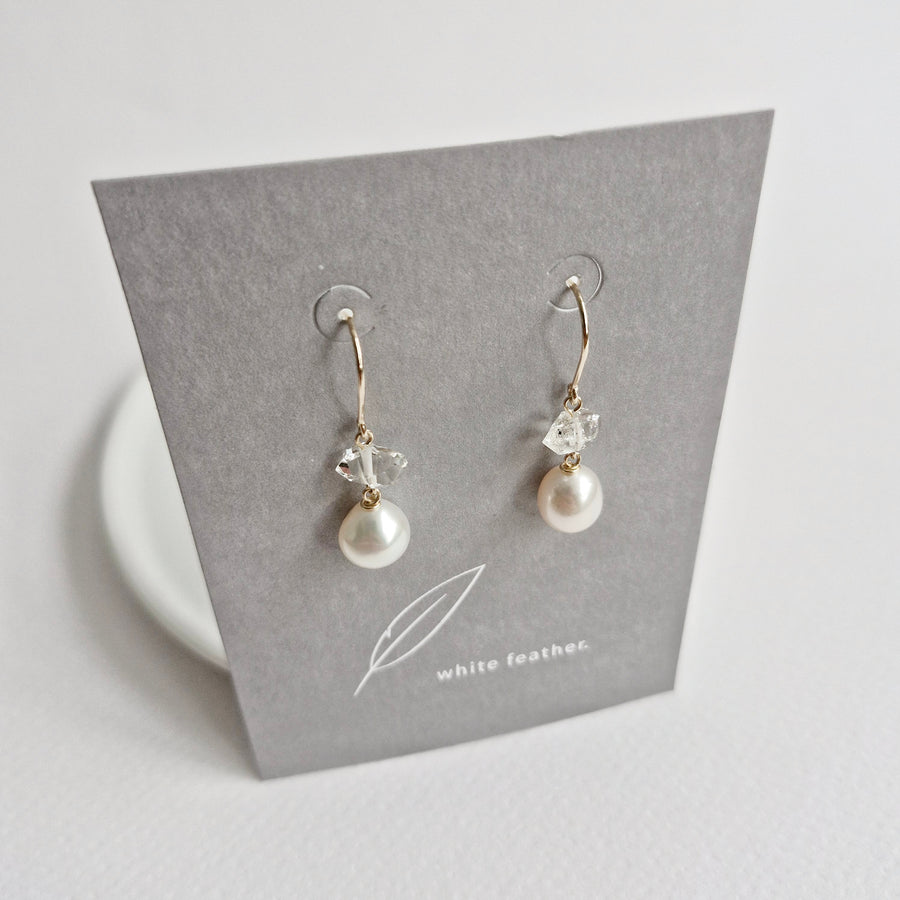 Freshwater Pearl, Herkimer Diamond Earrings / 14k Gold-filled