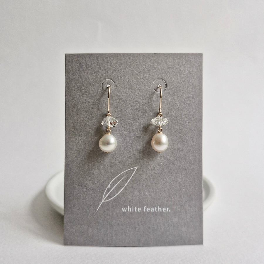 Freshwater Pearl, Herkimer Diamond Earrings / 14k Gold-filled