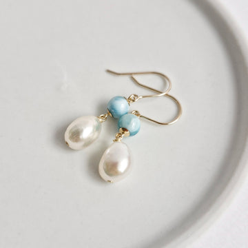 Freshwater Pearl, Larimar Earrings / 14k Gold-filled