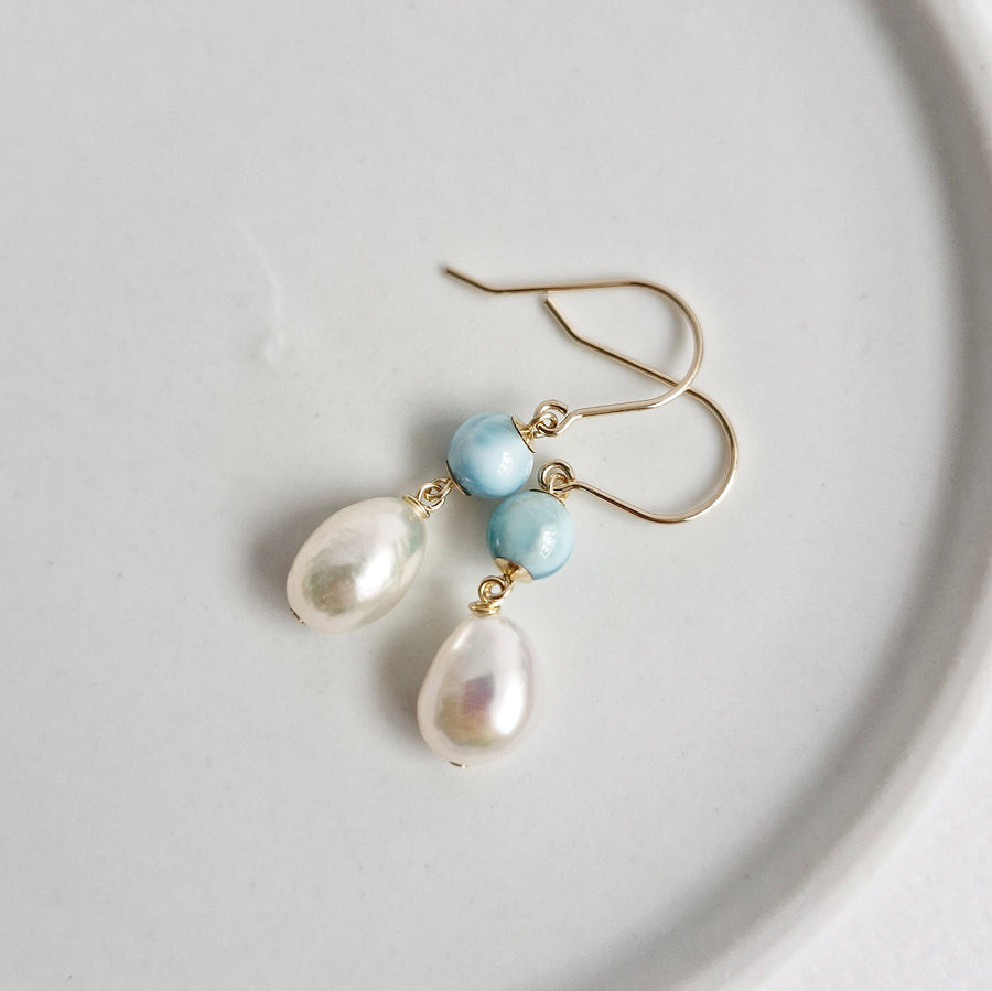 Freshwater Pearl, Larimar Earrings / 14k Gold-filled