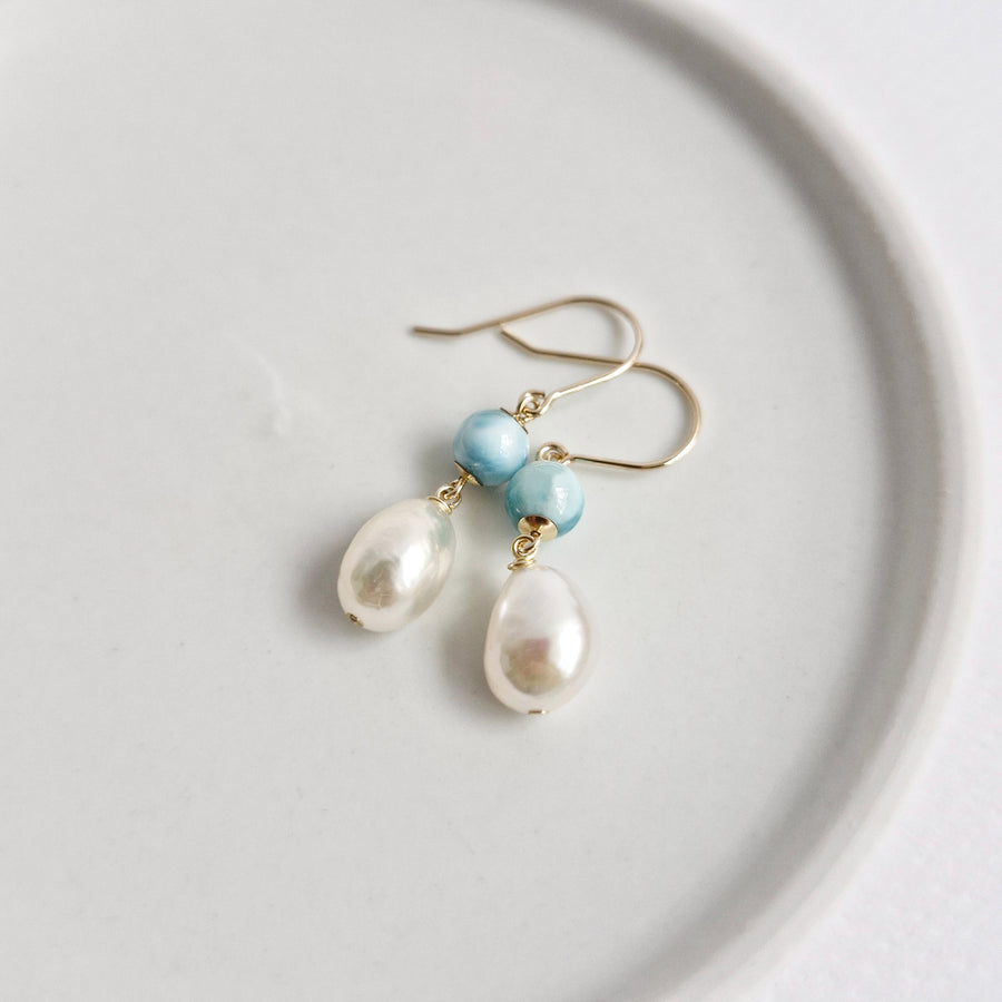 Freshwater Pearl, Larimar Earrings / 14k Gold-filled