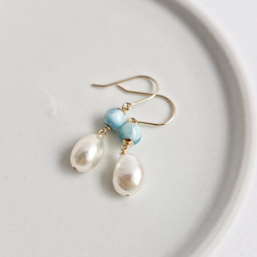 Freshwater Pearl, Larimar Earrings / 14k Gold-filled