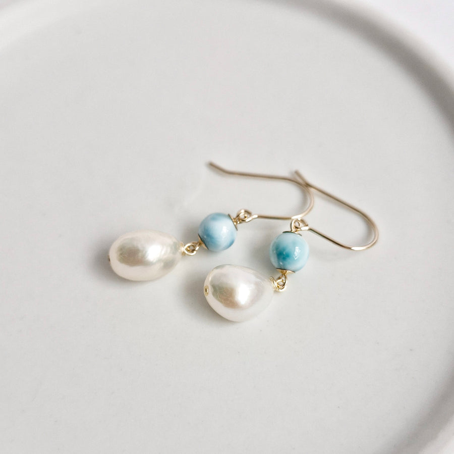 Freshwater Pearl, Larimar Earrings / 14k Gold-filled