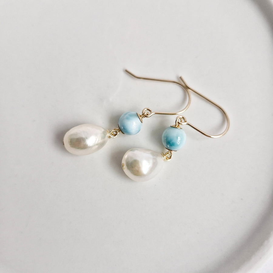 Freshwater Pearl, Larimar Earrings / 14k Gold-filled
