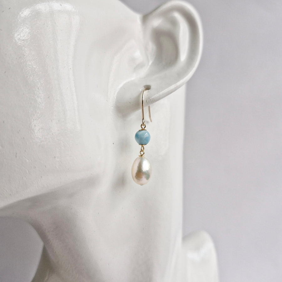 Freshwater Pearl, Larimar Earrings / 14k Gold-filled