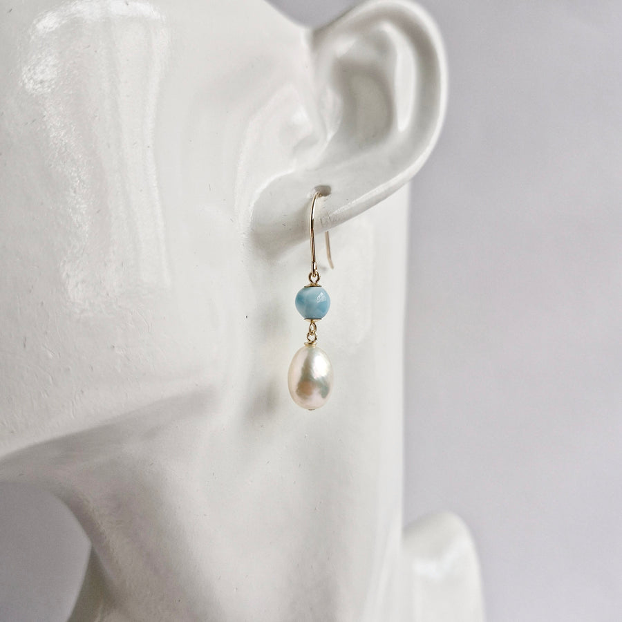 Freshwater Pearl, Larimar Earrings / 14k Gold-filled