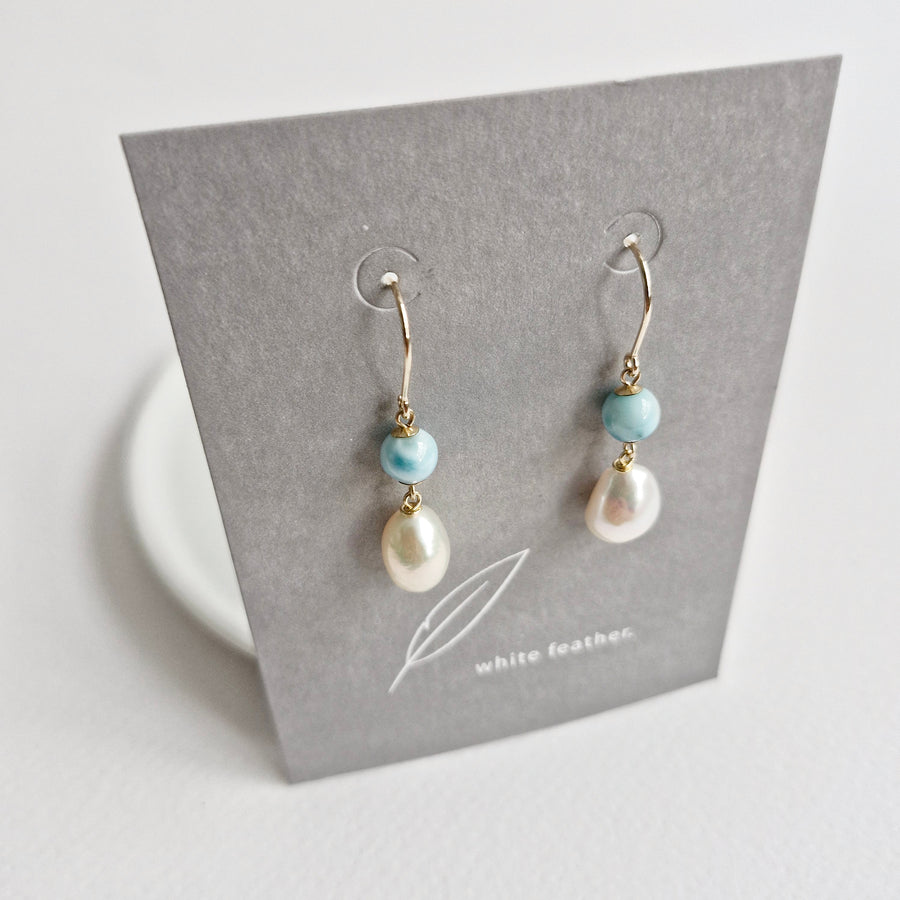 Freshwater Pearl, Larimar Earrings / 14k Gold-filled
