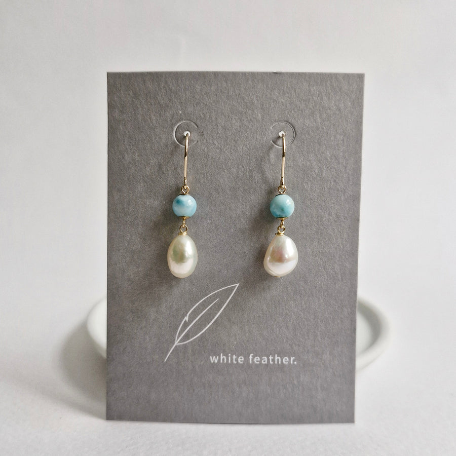 Freshwater Pearl, Larimar Earrings / 14k Gold-filled