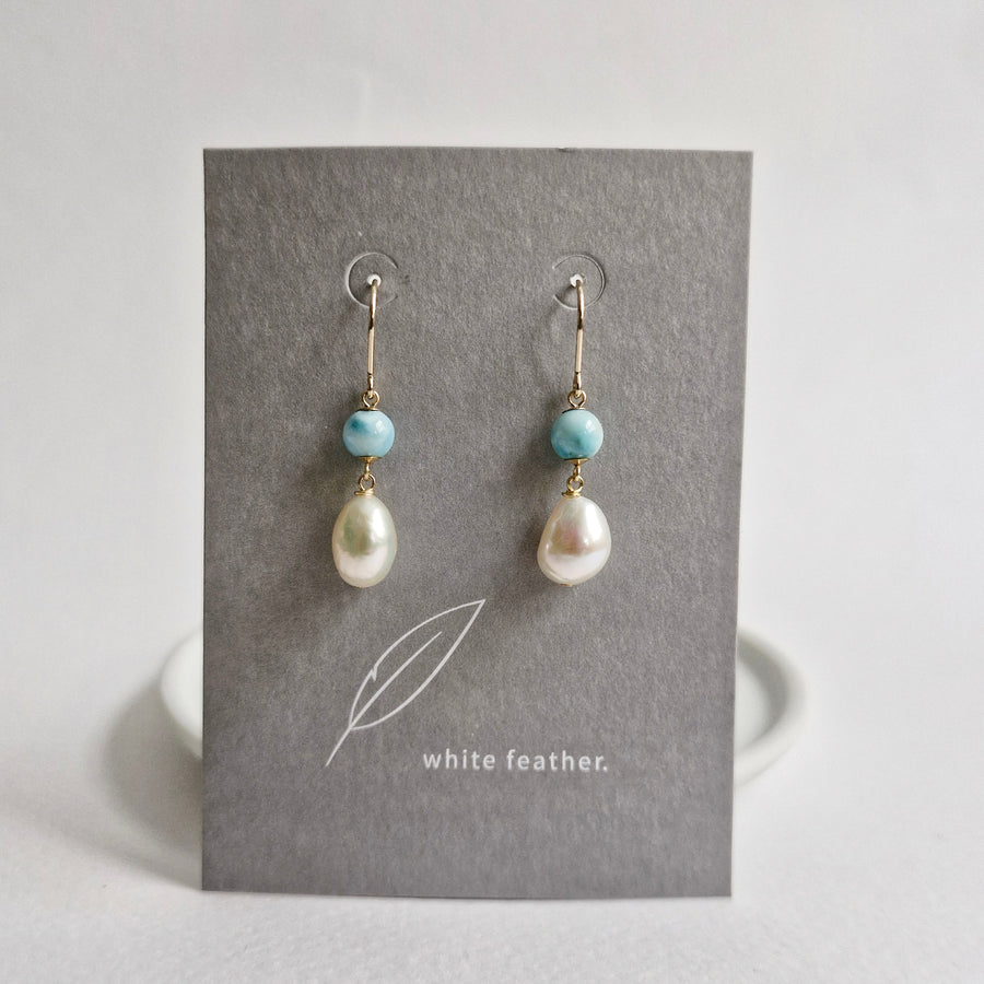 Freshwater Pearl, Larimar Earrings / 14k Gold-filled
