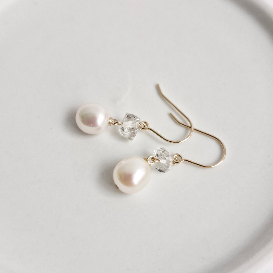 Freshwater Pearl, Herkimer Diamond Earrings / 14k Gold-filled