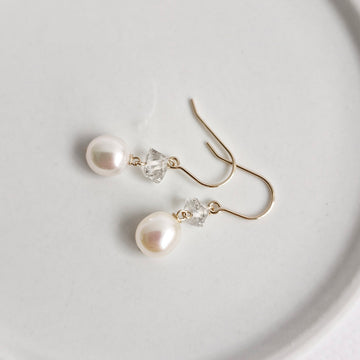 Freshwater Pearl, Herkimer Diamond Earrings / 14k Gold-filled