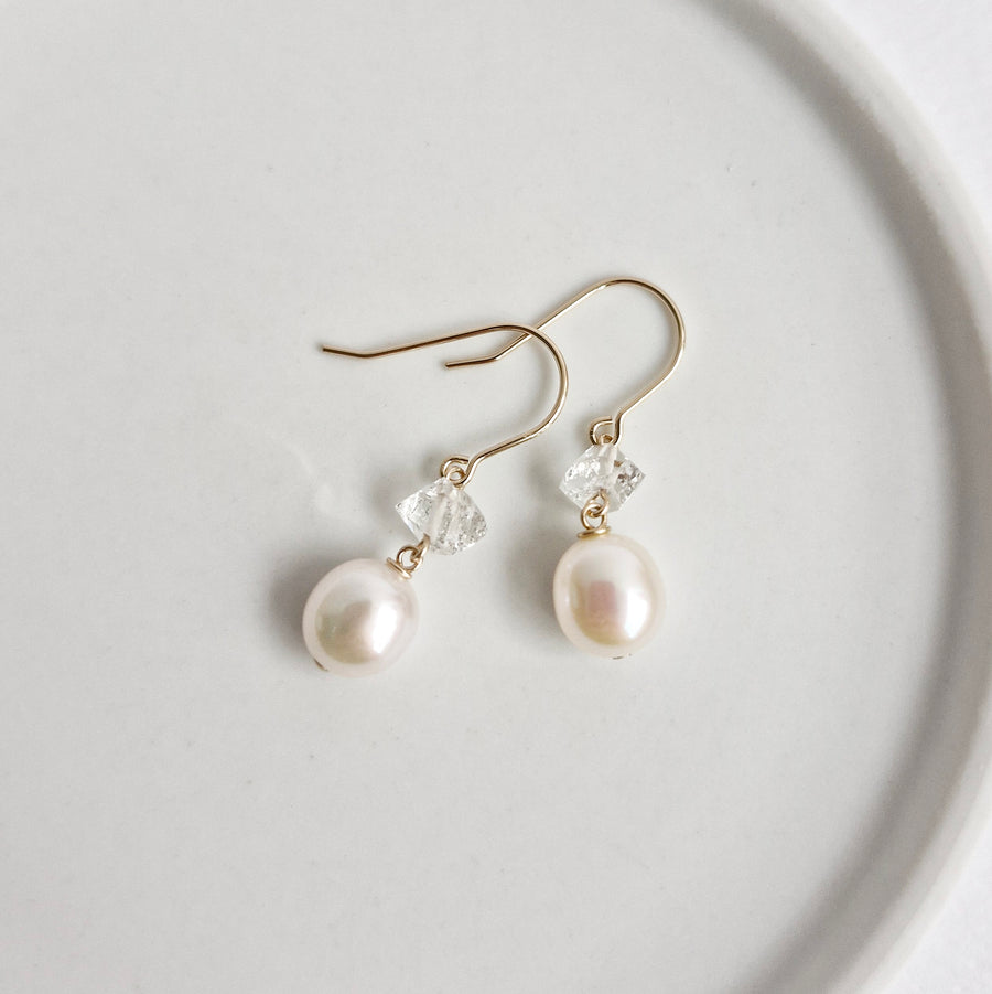 Freshwater Pearl, Herkimer Diamond Earrings / 14k Gold-filled