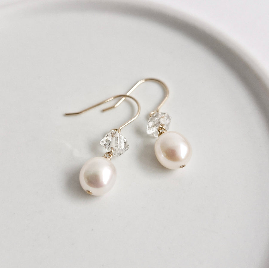 Freshwater Pearl, Herkimer Diamond Earrings / 14k Gold-filled
