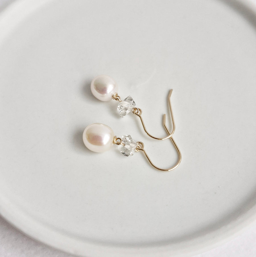 Freshwater Pearl, Herkimer Diamond Earrings / 14k Gold-filled