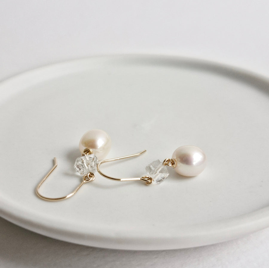 Freshwater Pearl, Herkimer Diamond Earrings / 14k Gold-filled