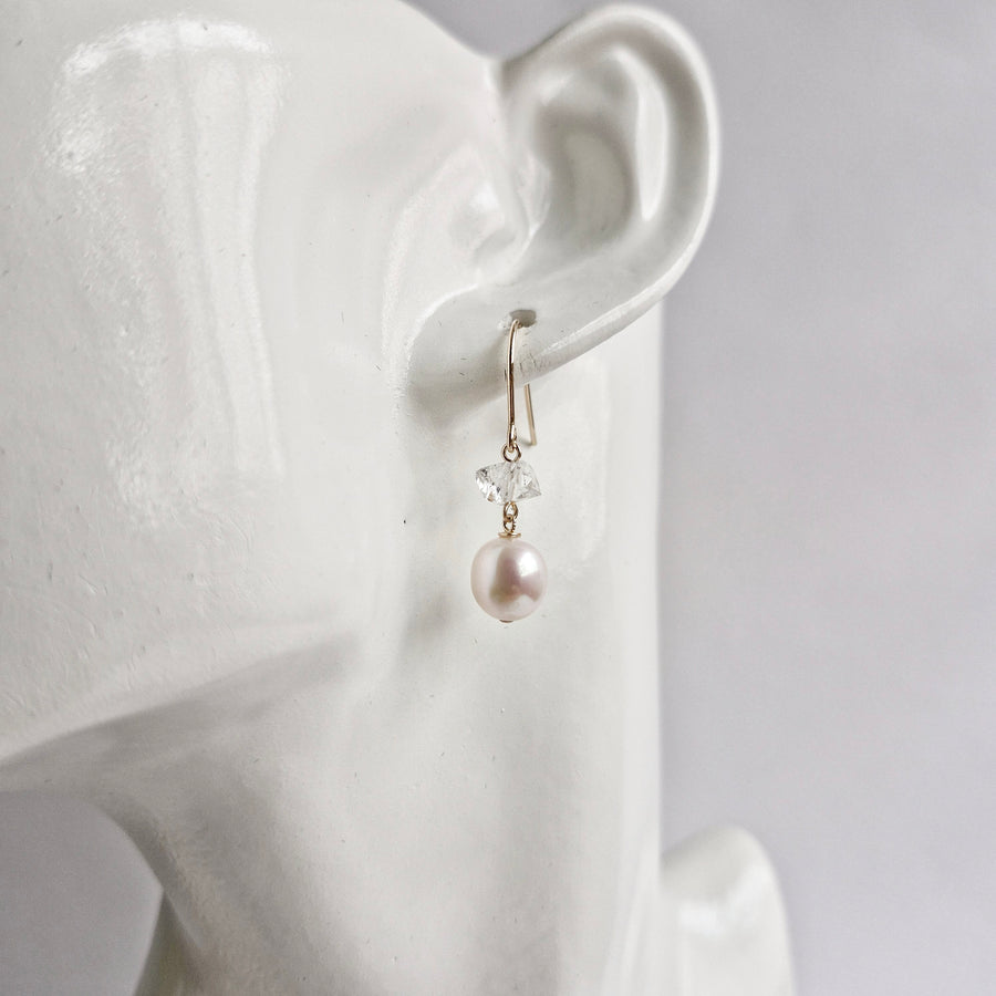 Freshwater Pearl, Herkimer Diamond Earrings / 14k Gold-filled