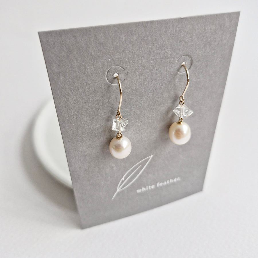 Freshwater Pearl, Herkimer Diamond Earrings / 14k Gold-filled