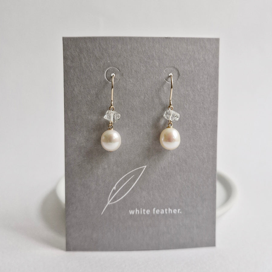 Freshwater Pearl, Herkimer Diamond Earrings / 14k Gold-filled
