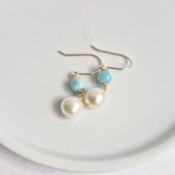 Freshwater Pearl, Larimar Earrings / 14k Gold-filled