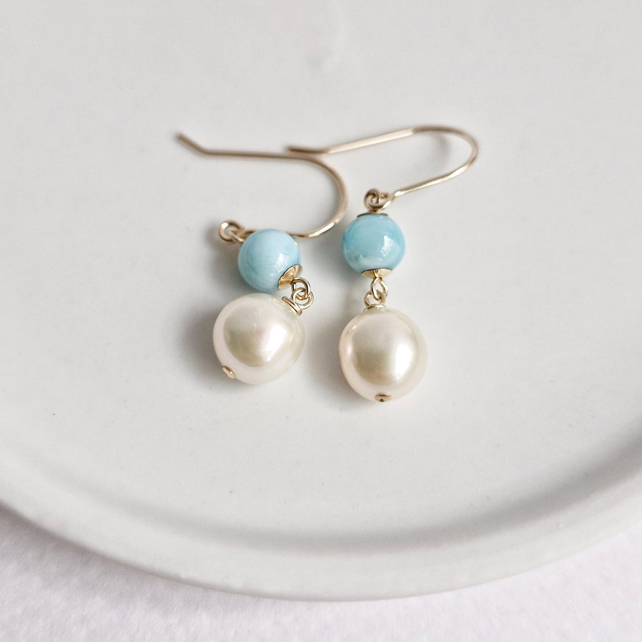 Freshwater Pearl, Larimar Earrings / 14k Gold-filled