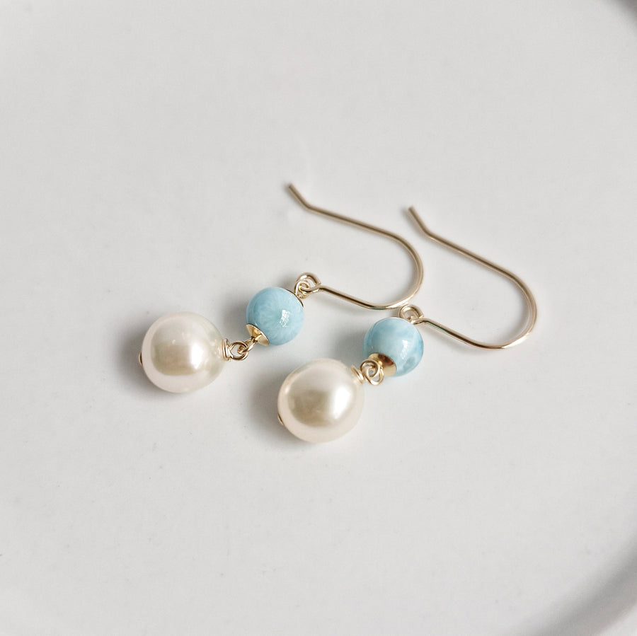 Freshwater Pearl, Larimar Earrings / 14k Gold-filled