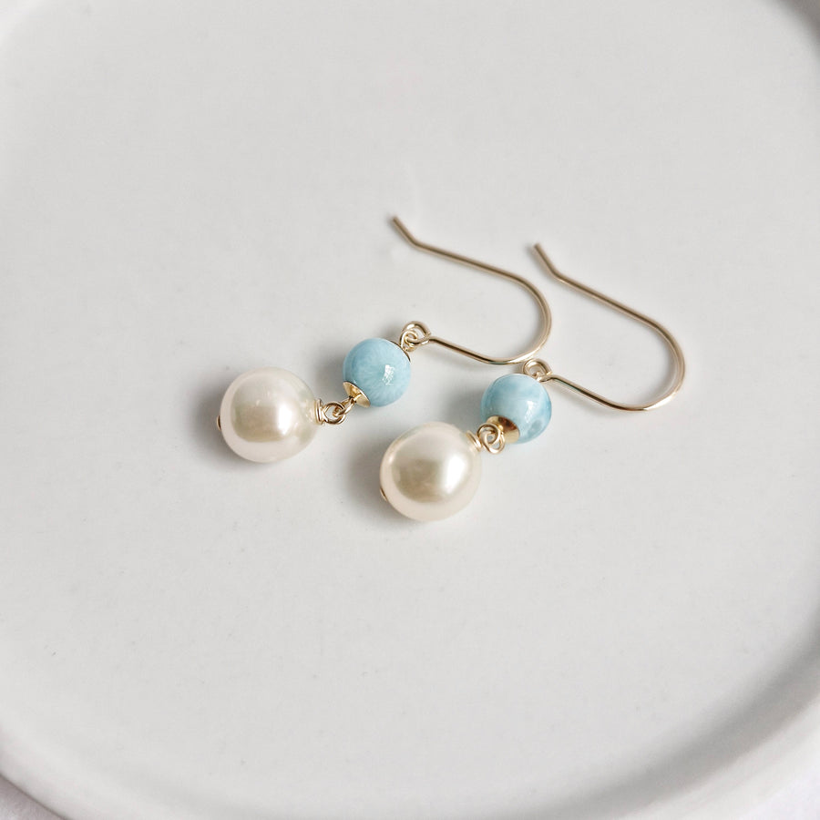Freshwater Pearl, Larimar Earrings / 14k Gold-filled