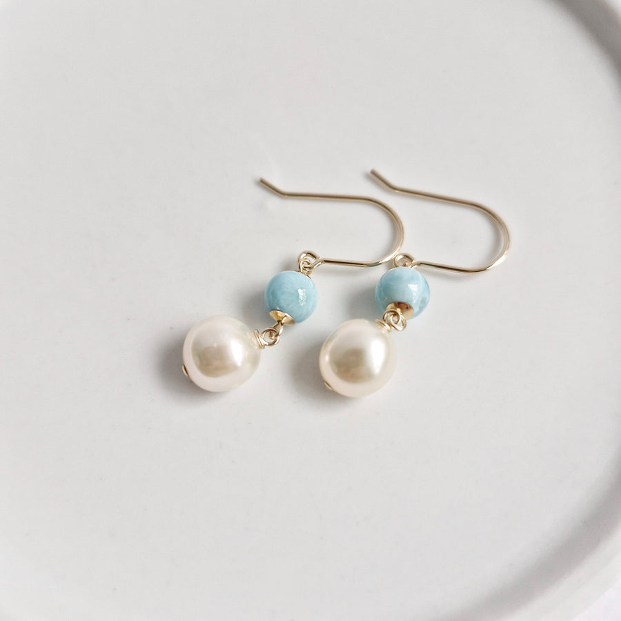Freshwater Pearl, Larimar Earrings / 14k Gold-filled