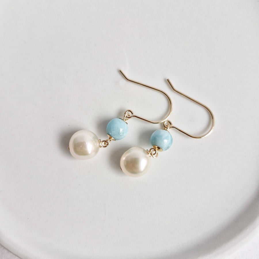 Freshwater Pearl, Larimar Earrings / 14k Gold-filled