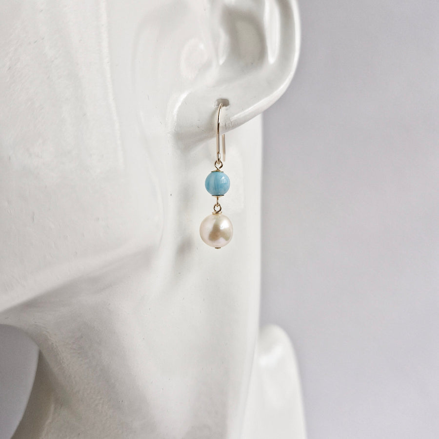 Freshwater Pearl, Larimar Earrings / 14k Gold-filled