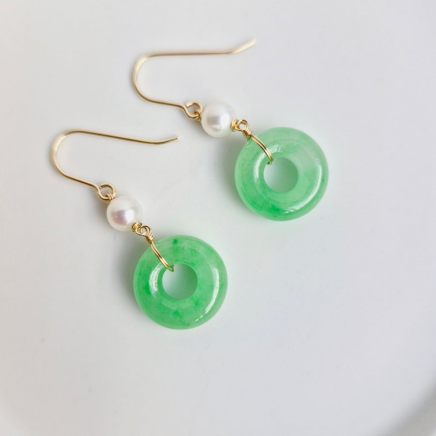 Green Jade Donut w/Freshwater Pearl Earrings 14k Gold-filled