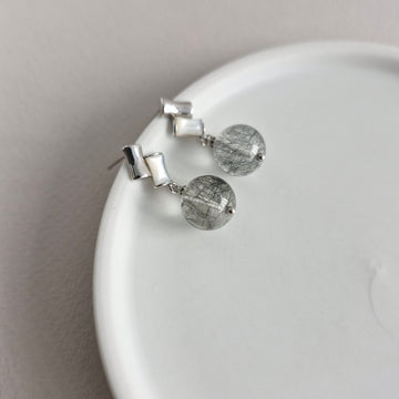 Black Rutilated Quartz with Double Bamboo Stalk Design Post Earrings