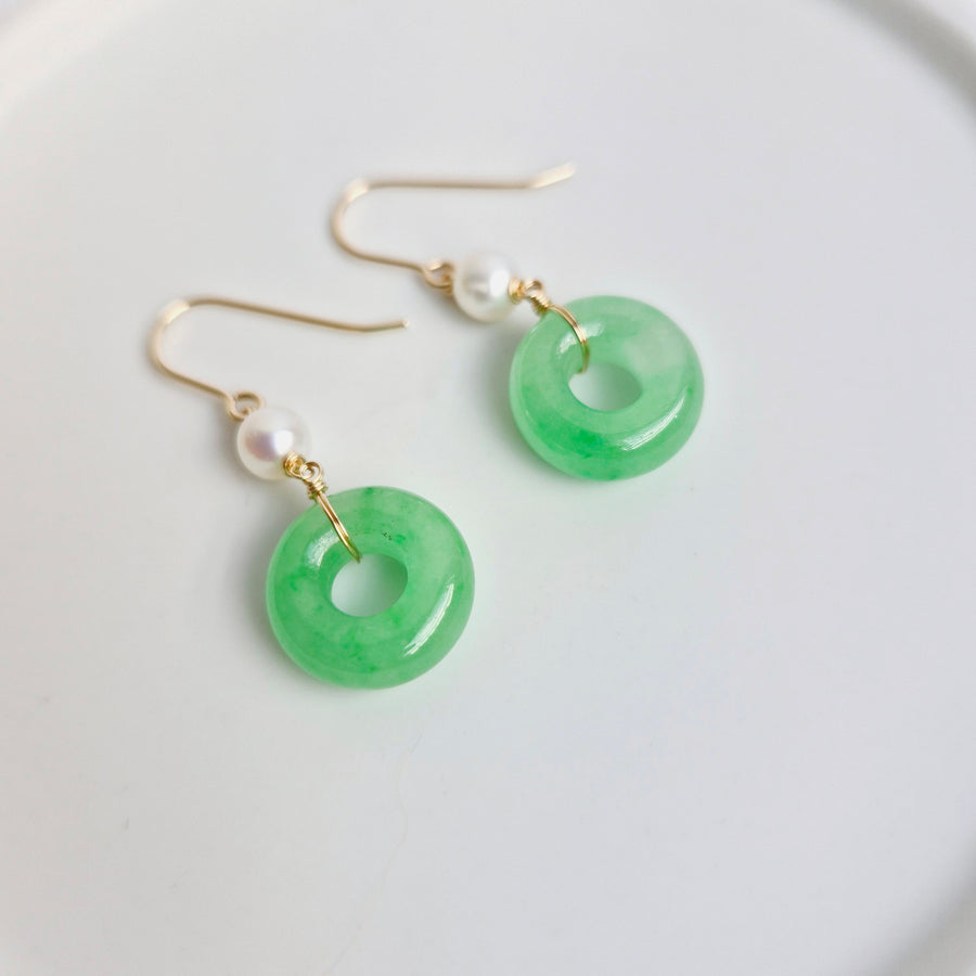 Green Jade Donut w/Freshwater Pearl Earrings  | 14k Gold-filled